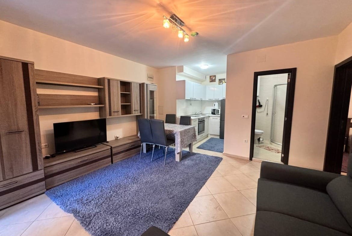 Современная квартира в Болгарии с мебелью, уютной обстановкой, открытой кухней и гостиной на фоне светлых тонов.