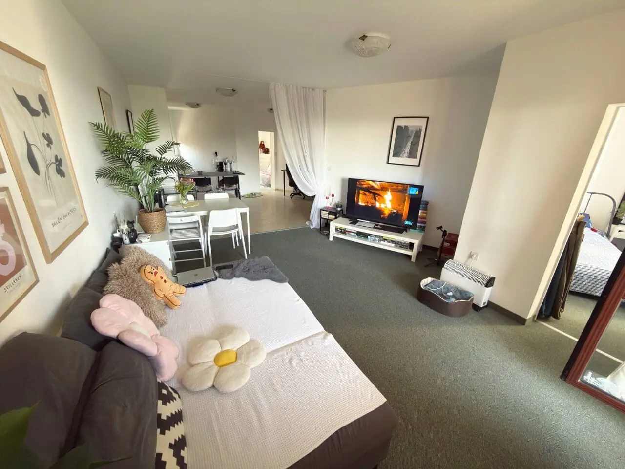 Современная гостиная с телевизором, диваном и растениями, светлые тона интерьера, квартира в Болгарии на продажу.