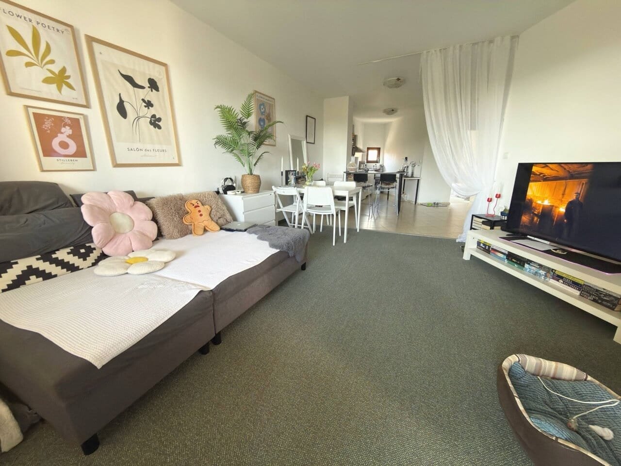 Современный интерьер квартиры с уютной мебелью и декором Современная уютная гостиная с мягким диваном и телевизором, стильный интерьер, в квартире в Святом Власе.