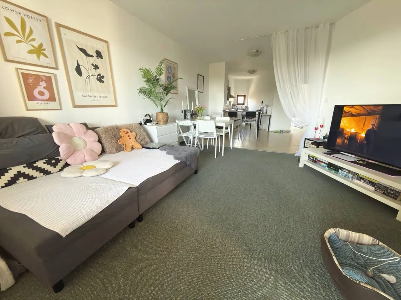 Современная уютная гостиная с мягким диваном и телевизором, стильный интерьер, в квартире в Святом Власе.