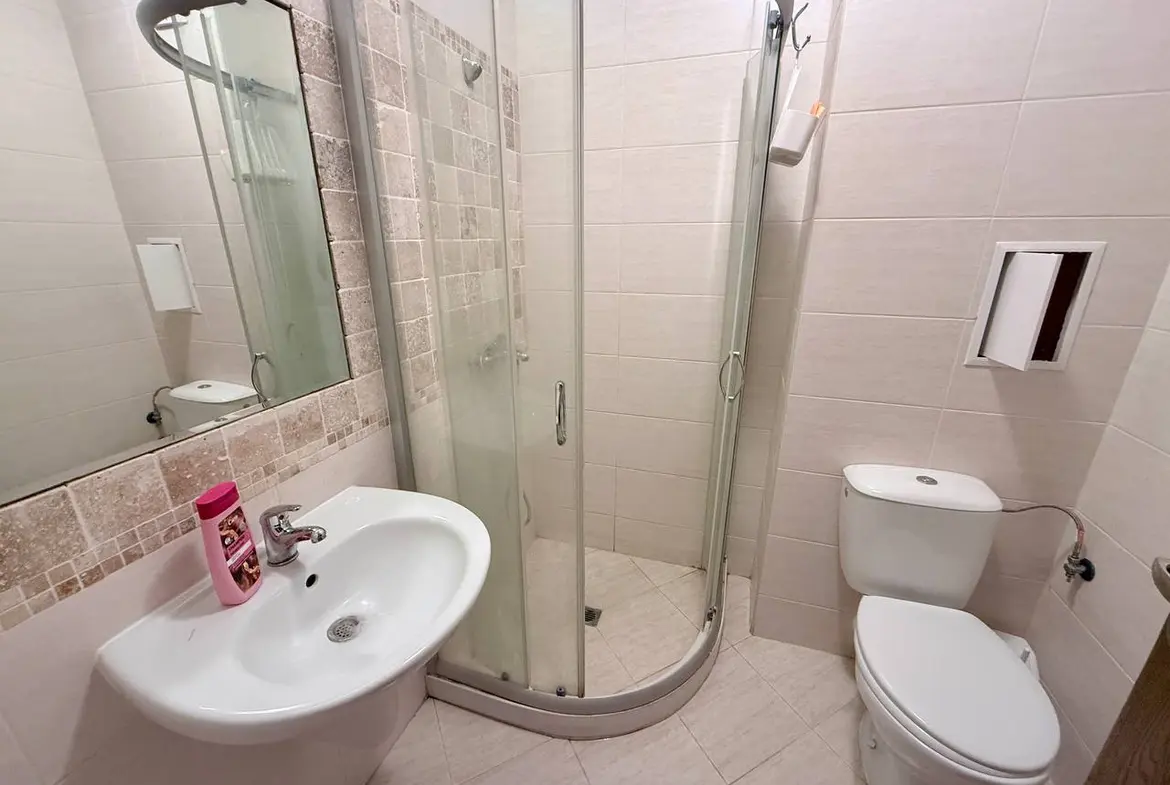 Современная ванная комната с душевой кабиной, раковиной и туалетом, оформленная в светлых тонах, идеально для жилья в Болгарии.