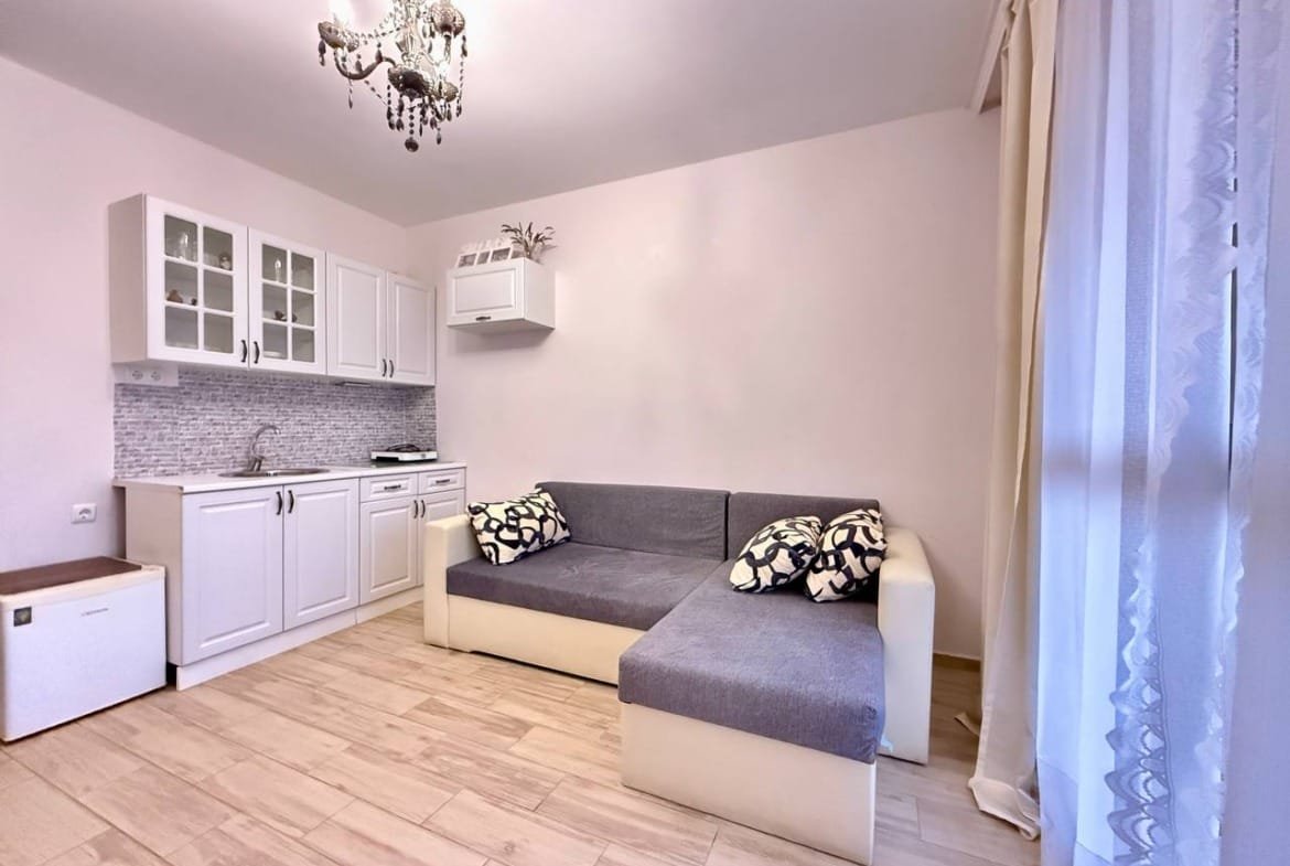 Современная гостиная с серым диваном, кухонным гарнитуром и натуральным освещением, идеальная для комфортного проживания в Болгарии.