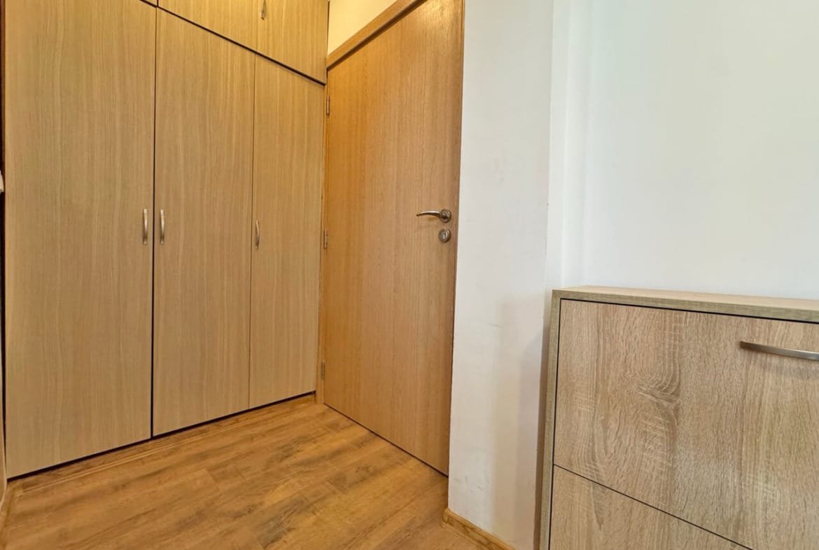 Современный интерьер квартиры в Святом Власе с деревянными мебельными элементами и просторным шкафом у входа.