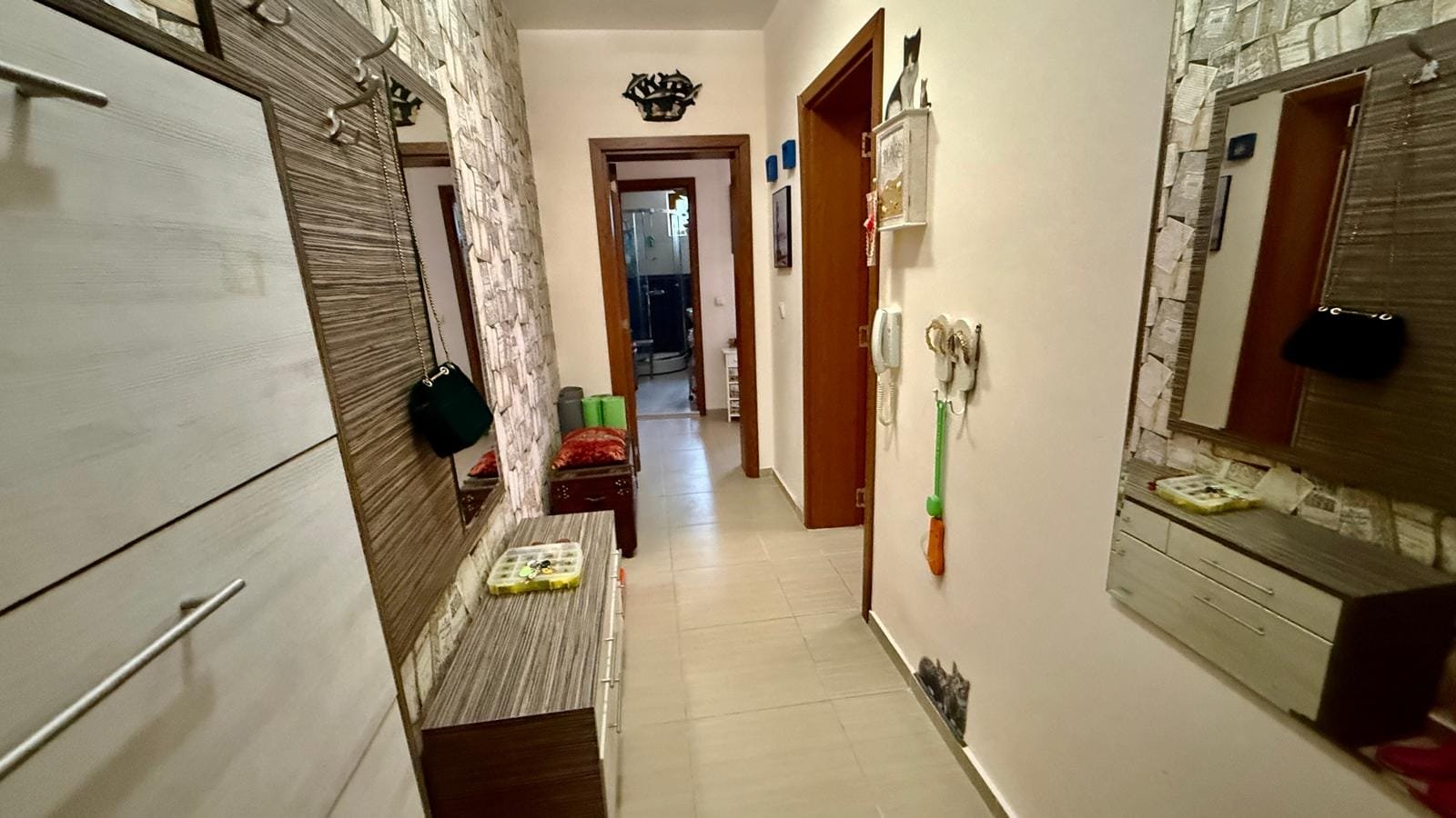 Современный интерьер жилой квартиры в Болгарии с коридором, мебелью и декоративными элементами, создающими уютную атмосферу.