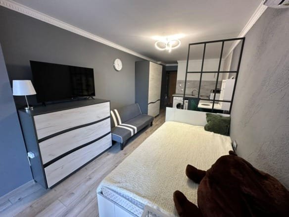 Современно оформленная квартира в Болгарии с телевизором, диваном и кухней, идеально подходит для покупки или аренды.