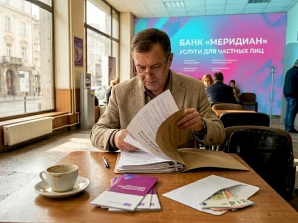 Мужчина внимательно изучает документы в отделении болгарского банка.