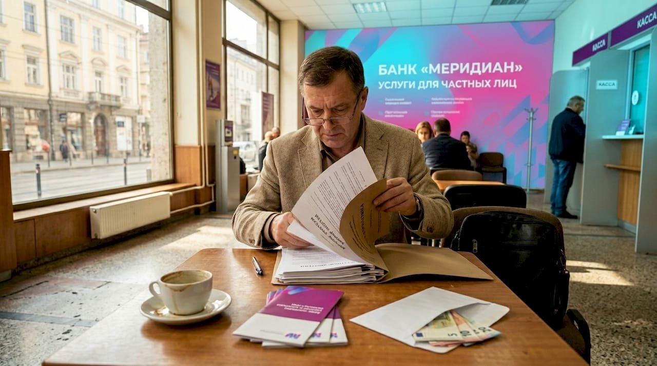 Мужчина внимательно изучает документы в отделении болгарского банка.