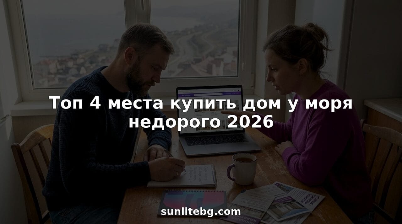 Супружеская пара сидит на кухне и выбирает дома у моря в интернете.