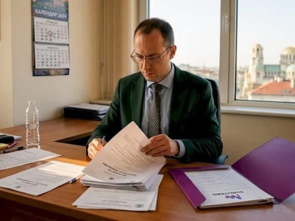 Сотрудник агентства внимательно изучает документы на недвижимость в болгарском офисе.