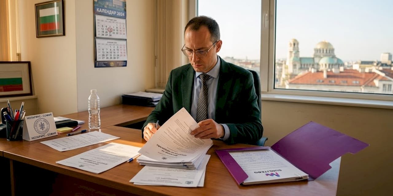 Сотрудник агентства внимательно изучает документы на недвижимость в болгарском офисе.