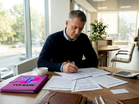 В отделении банка мужчина внимательно знакомится с условиями ипотечного кредита.