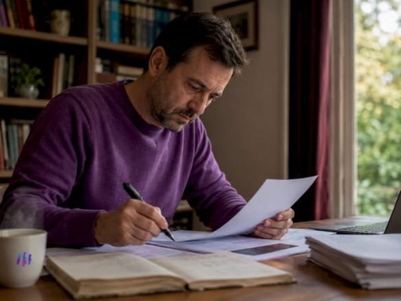 Иностранный гражданин разбирается с налоговыми бумагами у себя дома, устроившись за рабочим столом.